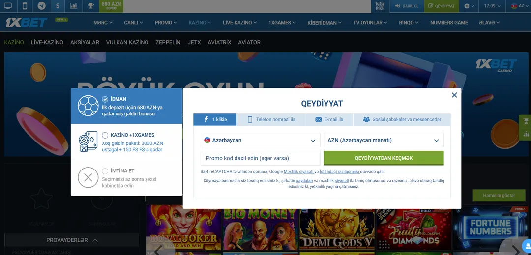 1Xbet Qeydiyyat düyməsini klikləyin