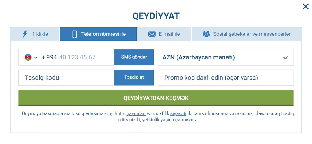 1Xbet Qeydiyyat metodunu seçin