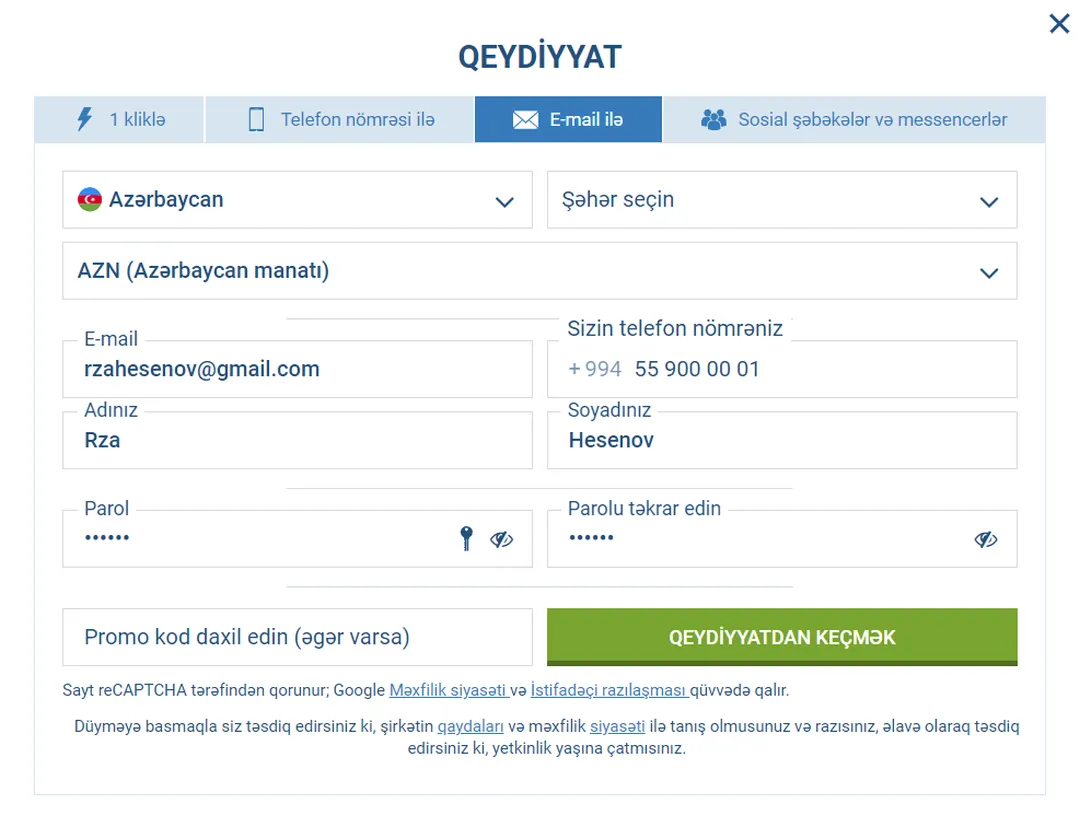 1Xbet Detalları doldurun